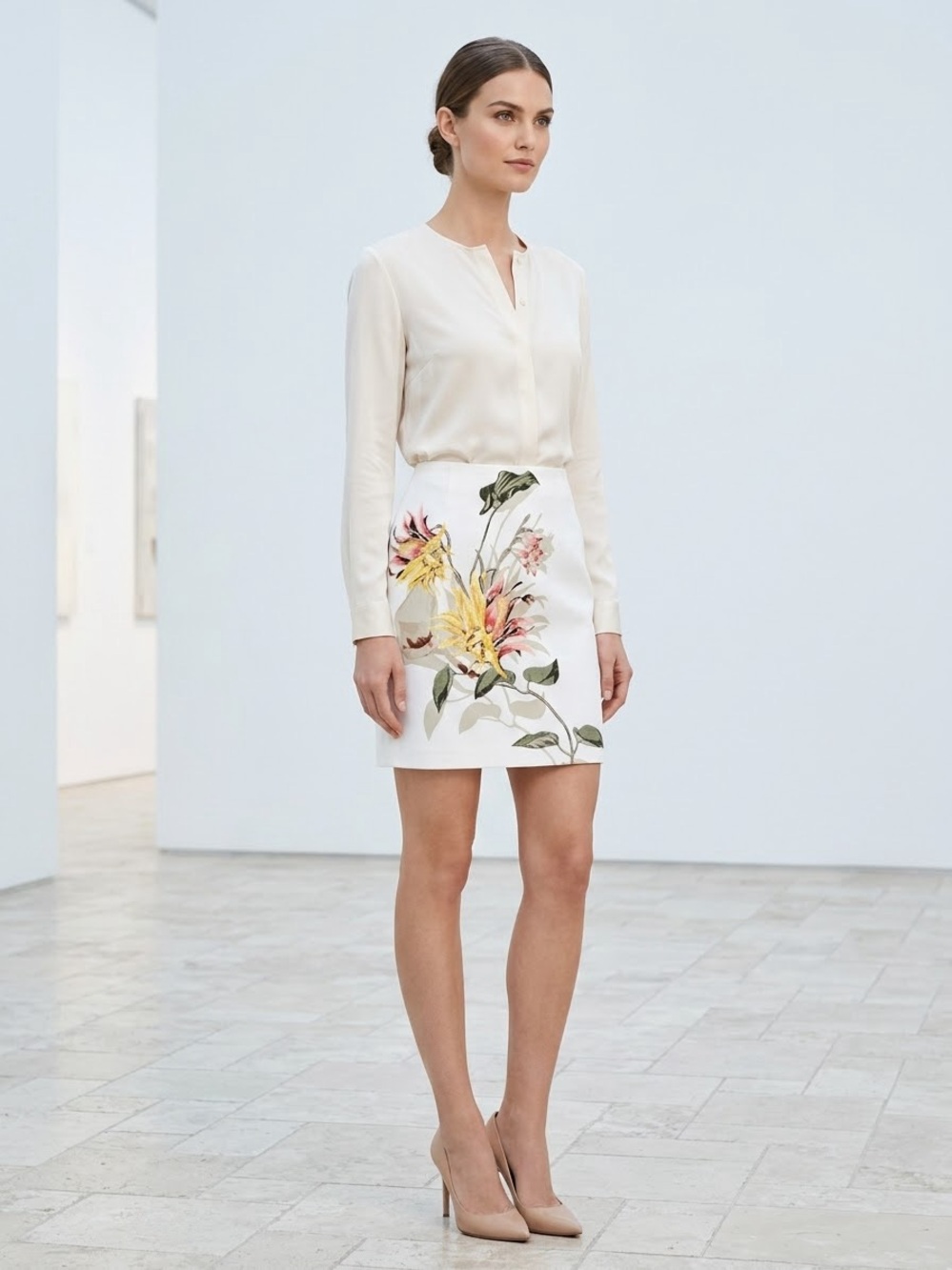 WHBM White Botanical Floral Print Smart Preppy Pencil Skirt Size 2⁠